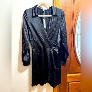 Steve Madden satin faux wrap Black Women's Dress size large NWT